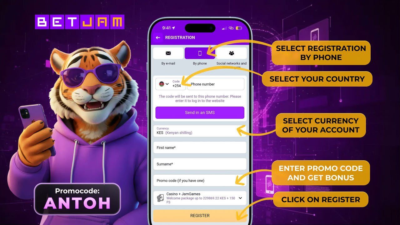 Betjam registration screen: choose registration by phone, select your country and KES currency, enter promo code ANTOH and tap Register